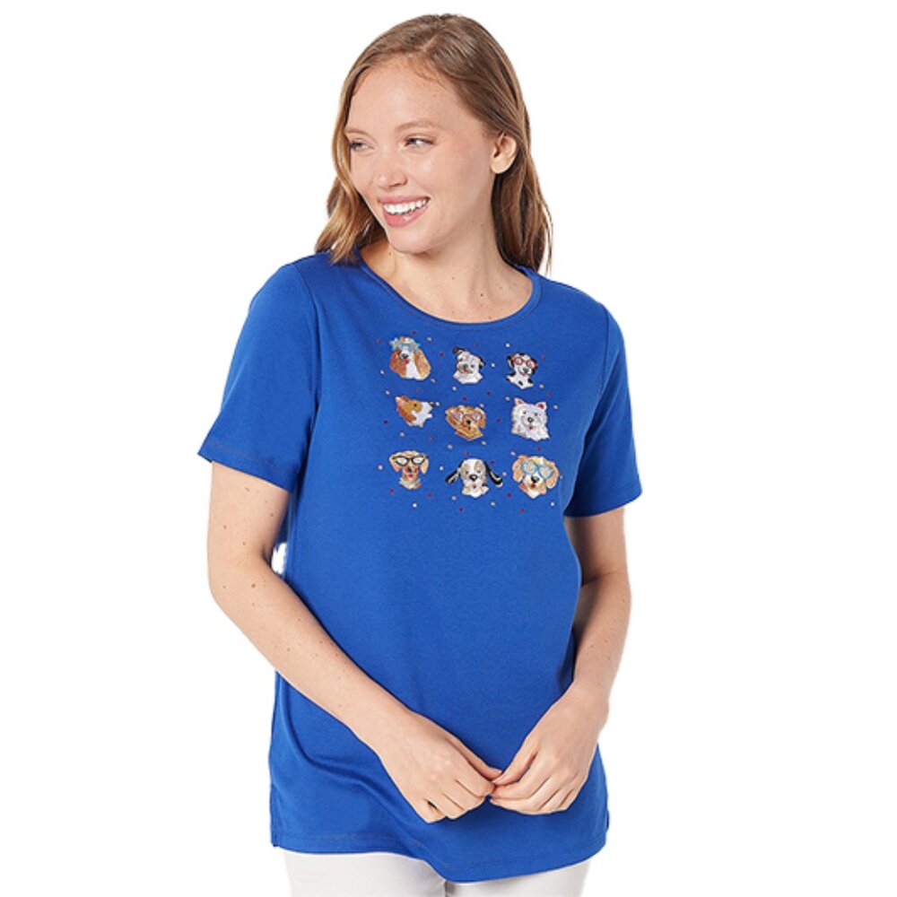 Quaker Factory Royal Blue Dog Lover Applique T-Shirt Top Rhinestones NWT 3X